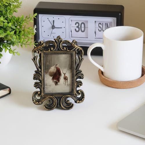 Vintage Christmas Santa Reindeer Small Picture Frame - Baroque Style - Santa Deer Variation