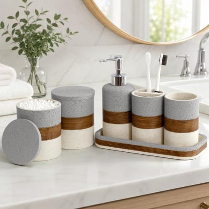 Gray 6-Piece Resin Bathroom Accessories Set - Stone-Inspired Organizers