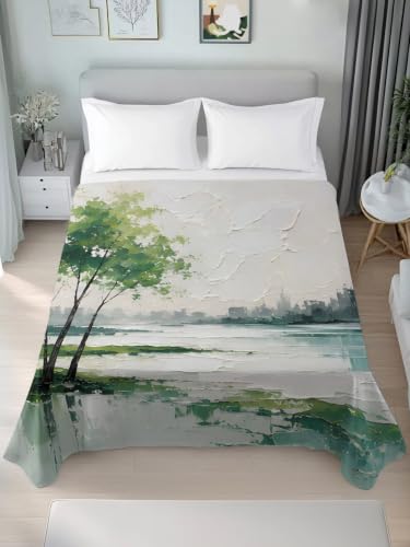 Queen Flat Sheet - Green Forest Tree Mountain Pastoral Landscape Microfiber Bedding, Sage Green, Queen Size
