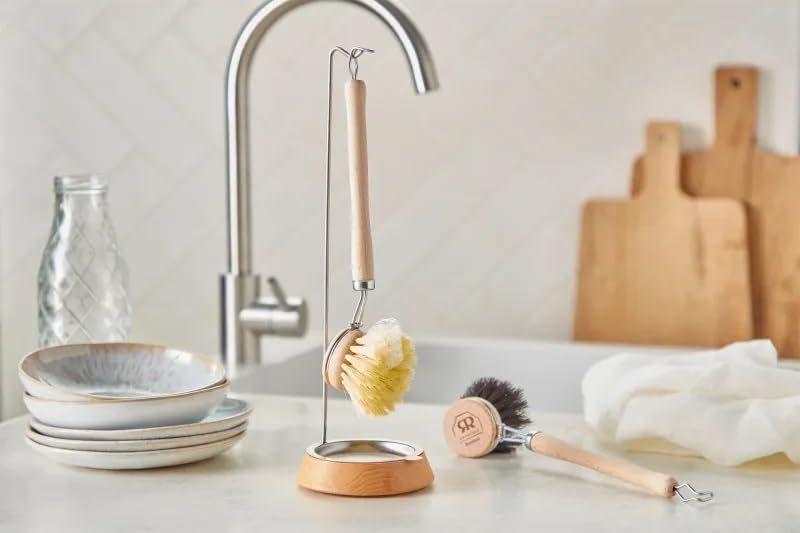 Redecker Dish Brush Stand with Beechwood Base and Stainless Steel Drip Tray