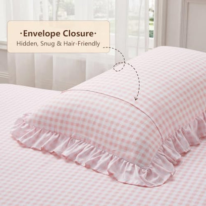 Gingham Ruffle Queen Bed Sheet Set - Pink Microfiber Plaid Bedding