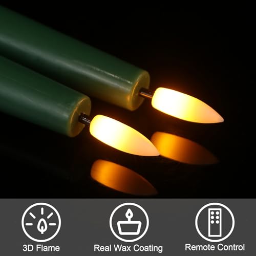 Flameless LED Taper Candles with Remote Timer - Real Wax Look, 9.84 Inches, Christmas Green, Set of 2