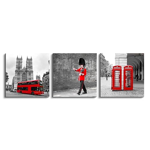 London Theme Canvas Wall Art Set - Black & White Cityscape with Red Buses & Guard Figures, 3 Pieces, 20x20 Inches - Ready to Hang