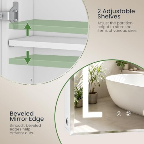 Lighted Bathroom Medicine Cabinet with Mirror and Heating Function, White