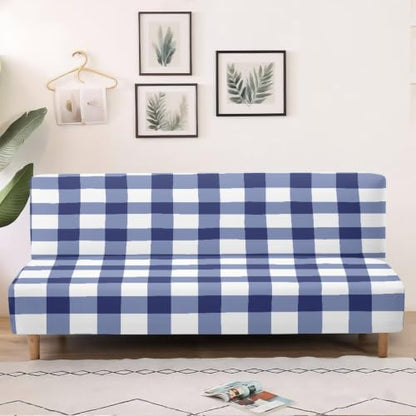 Blue White Buffalo Plaid Armless Futon Slipcover - Elastic Couch Protector for Bedroom & RV