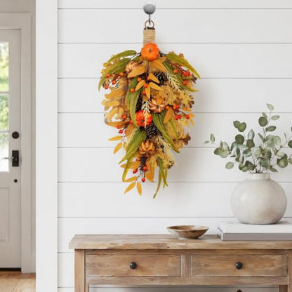 2pcs Artificial Fall Teardrop Swag for Front Door with Pumpkins and Berries