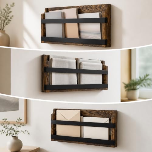 Burnt Wooden Wall Mount Magazine Rack - Industrial Storage for Home Office