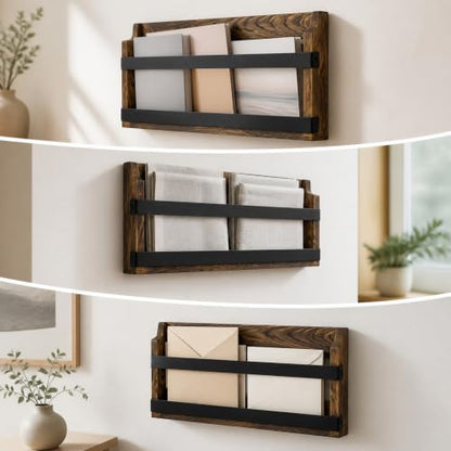 Burnt Wooden Wall Mount Magazine Rack - Industrial Storage for Home Office