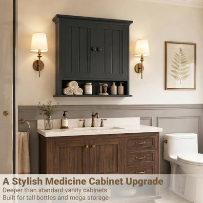 Besiost Farmhouse Bathroom Wall Medicine Cabinet with Removable Towel Bar - Black