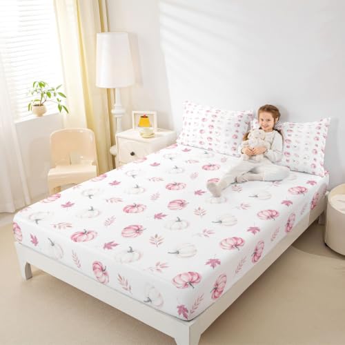 Autumn Pumpkin Kids Fitted Sheet Set with Pillowcases - Pink, Full Size W54 x L75 inches