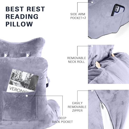 SLIGUY Reading Pillow-Bed Rest Pillow with Detachable Neck Roll & Higher Support Arm for Sitting in Bed Couch or Floor-Backrest Reading Pillow Adult Back Pillow for Reading/Watching TV/Gaming,Beige