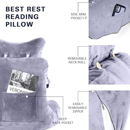 SLIGUY Reading Pillow-Bed Rest Pillow with Detachable Neck Roll & Higher Support Arm for Sitting in Bed Couch or Floor-Backrest Reading Pillow Adult Back Pillow for Reading/Watching TV/Gaming,Beige