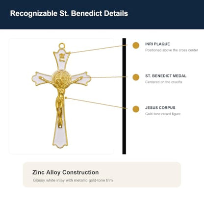 Roman Catholic Gold Corpus Saint Benedict Crucifix Wall Cross - 8 Inch White Enamel Finish
