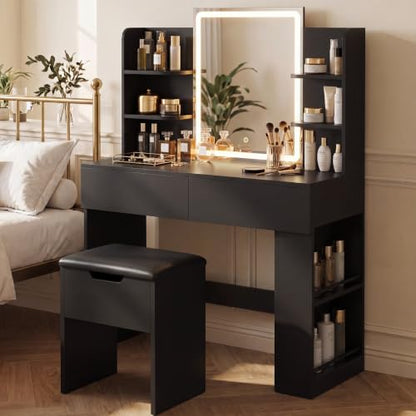 Vanity Desk with LED Mirror and 3-Color Lighting – 35.4" Bedroom Vanity Set with 2 Drawers & Open Shelves, Black