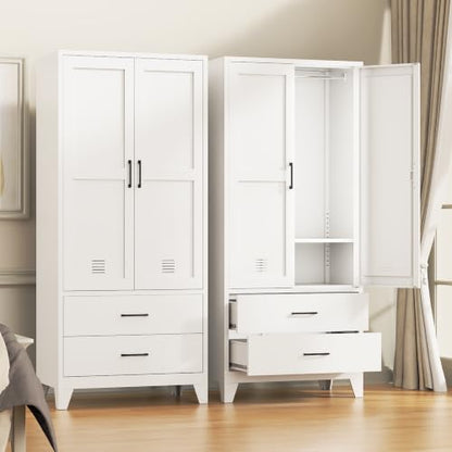71-Inch Tall Metal Wardrobe Closet with Hanging Rod and 2 Drawers