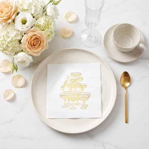 White Gold Champagne Tower Cheers Wedding Paper Napkins - 25 Pcs Disposable Cocktail Decor