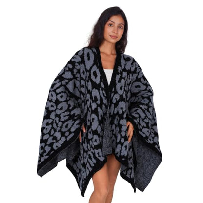 WDCOZY Wearable Blanket Poncho - Warm Soft Adults Cape Black Leopard