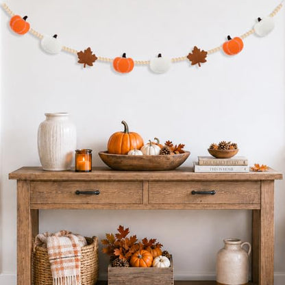 Fall Felt Pumpkin & Maple Leaf Garland - Handmade Autumn Decor 5.9Ft