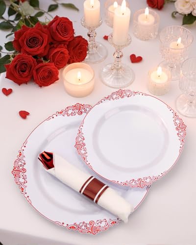 Red Plastic Dinnerware Set for 25 Guests - Includes Plates, Cups, Napkins & Silverware with White and Red Design