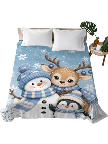 Misty Blue King Size Flat Sheet Christmas Snowman Deer Penguin Bedding Winter Snowflake