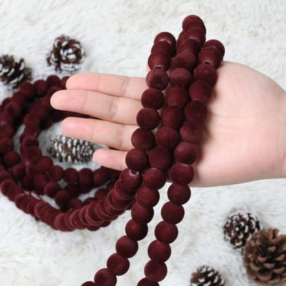 9FT Velvet Bead Christmas Garland - Dark Red Flocked Holiday Decor
