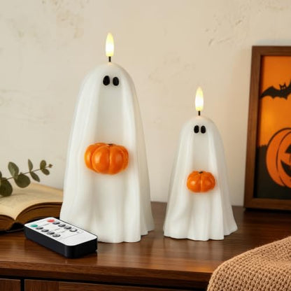 Halloween Ghost Flameless Candles with Pumpkin, Remote Control, Real Wax, Battery Operated Decor