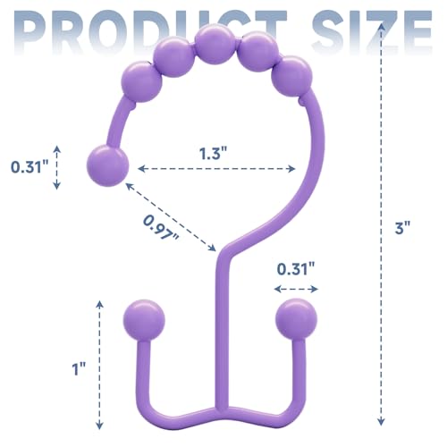 Titanker Shower Curtain Hooks Rings, Rust-Resistant Metal Double Glide Shower Hooks for Bathroom Shower Rods Curtains, Set of 12 Hooks - Lavender