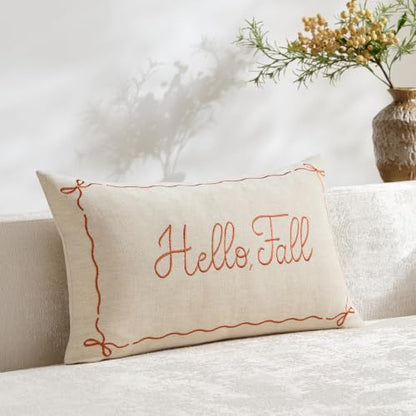 Embroidered Fall Pillow Cover 12x20 Beige - Farmhouse Thanksgiving Decor