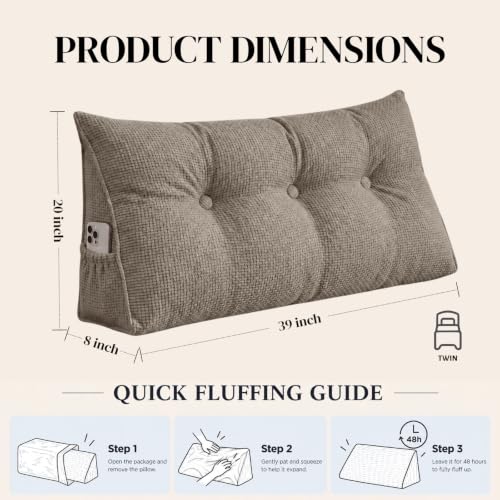 Twin Size Taupe Headboard Wedge Pillow for Reading & Lounge - Supportive & Elegant