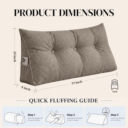 Twin Size Taupe Headboard Wedge Pillow for Reading & Lounge - Supportive & Elegant