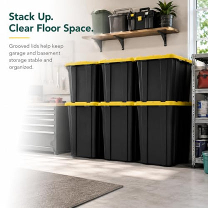 Stackable 27-Gallon Storage Bins with Lids - Black and Yellow, Heavy Plastic, 6 Pack
