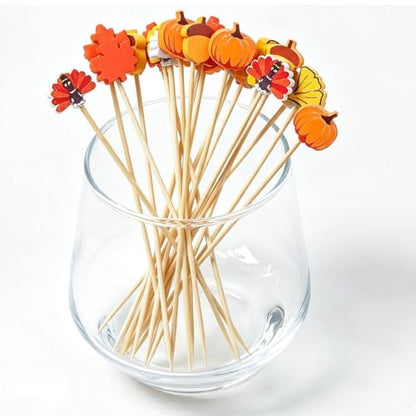 Thanksgiving Fall Cocktail Toothpicks 100 Pack Natural Bamboo Food Skewers