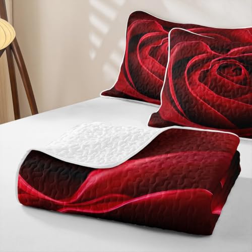 Red Black Queen Quilt Set with Rose Print & Pillowcases - Romantic Flower Bedding