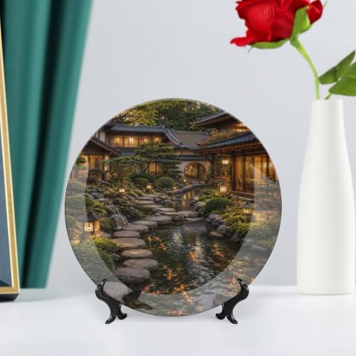 Night Japanese Garden Koi Pond Bone China Decorative Plate with Stand & Wall Hook - 8 Inch
