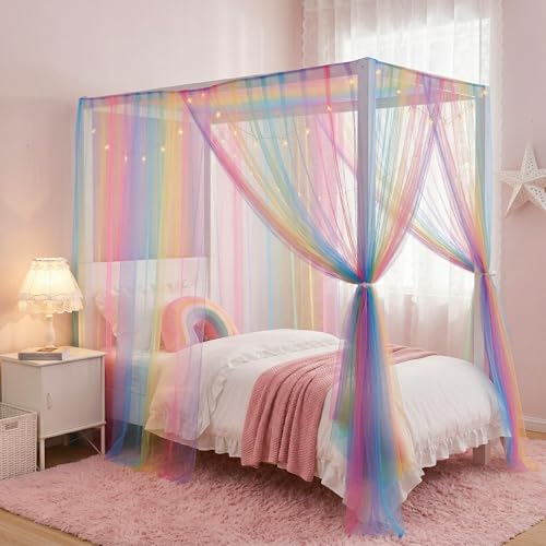 Rainbow Twin Bed Canopy with Light for Girls Kids Room Decor - Romantic Princess Style
