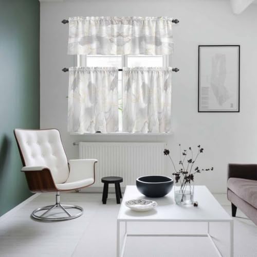 Grey Kitchen Tier and Valance Set 3 Piece - Natural White & Gold Stripe, 54x18in + 27.5x24in, Semi Sheer Window Curtains