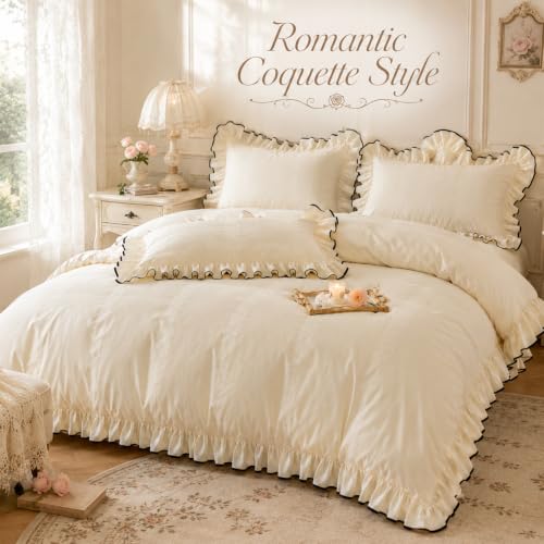 King Size Ruffle Cotton Duvet Cover Set with Pillow Shams & Fitted Sheet - Farmhouse Ivory White Bedding