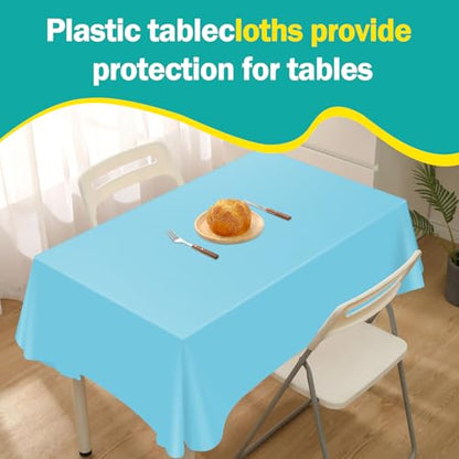Light Blue 54 Inch x 300 Feet Plastic Tablecloth Roll with Cutter Box - Disposable Party Cover
