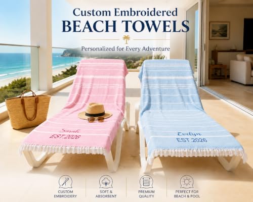 Personalized Turkish Beach Towel with Embroidered Name - Light Blue 40x71 Oversized Pool & Beach Accessory