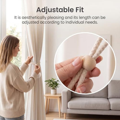 Adjustable Beige Curtain Tiebacks Rope Set for Window Decor, 2 Pack