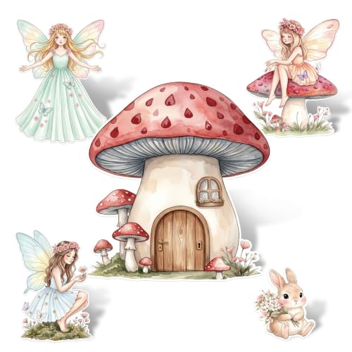 Fairy Birthday Party Decorations Set - 5 Cardboard Cutouts for Girls, Mushroom House & Fairies