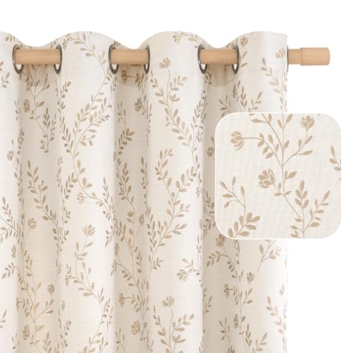 LAMIT Beige Leaf Pattern Linen Curtains 52W x 84L Set - Living Room