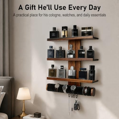 Wall Mounted Cologne Organizer with 3-Tier Shelves and Watch Bar