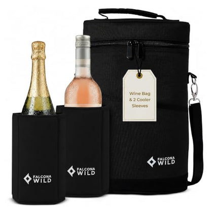 Insulated Wine Cooler Bag with 2 Adjustable Sleeves - Black