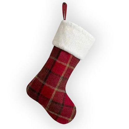 Large Christmas Stockings Plush Velvet Faux Fur Red Plaid Holiday Decor