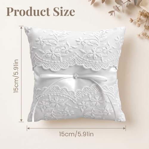 Pearl Ivory Wedding Ring Pillow with Lace and Ribbon Bow for Ceremony