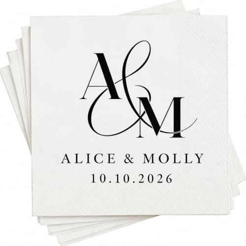 Personalized Wedding Cocktail Napkins Design 8 - Custom Couple Name & Date, Pack 50-500
