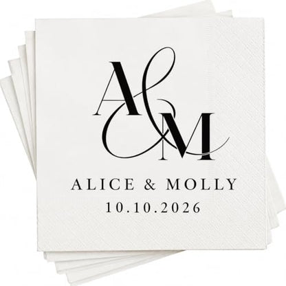 Personalized Wedding Cocktail Napkins Design 8 - Custom Couple Name & Date, Pack 50-500