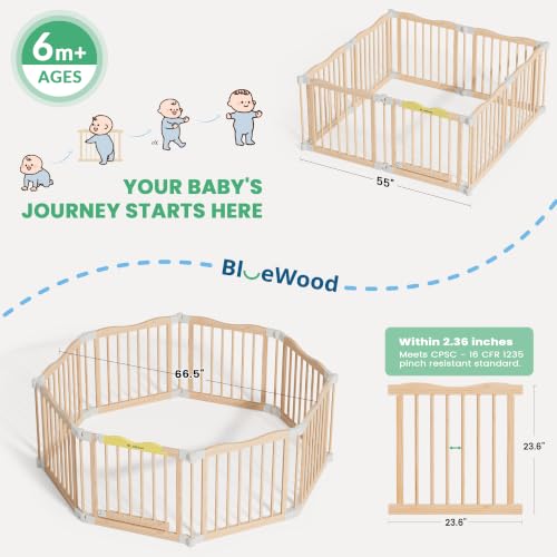 Foldable Wooden Baby Playpen - Natural Pine, 55 x 55 x 24 Inches - Safety Certified, Adjustable Shape, Portable Baby Gate