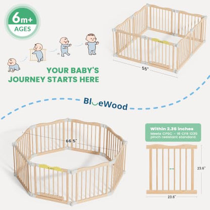 Foldable Wooden Baby Playpen - Natural Pine, 55 x 55 x 24 Inches - Safety Certified, Adjustable Shape, Portable Baby Gate